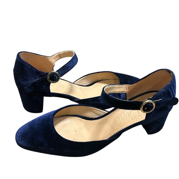 J. Crew Millie blue velvet Mary Jane heels size 11 shoes buckle pinup retro - Picture 1 of 6